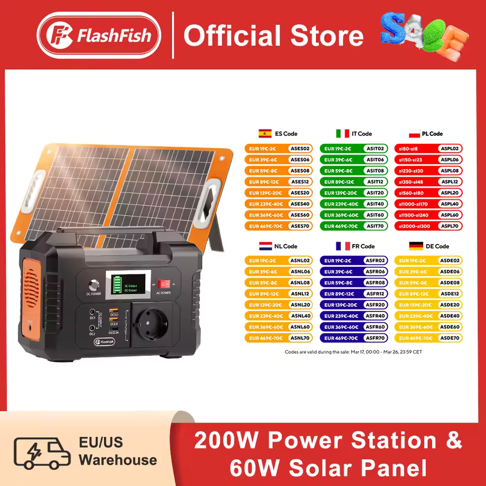🌞 Central Eléctrica Portátil FlashFish E200 con Panel Solar