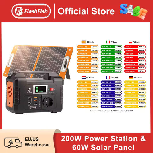 🌞 Central Eléctrica Portátil FlashFish E200 con Panel Solar